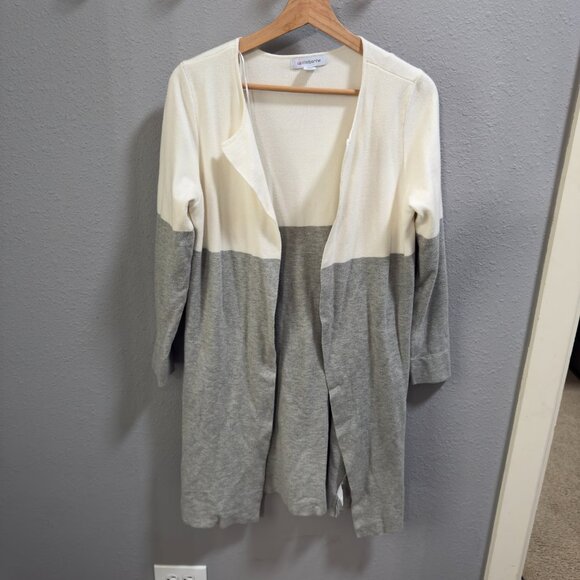 Liz Claiborne Cream & Gray Colorblock Open Front Cardigan - Size Medium - Picture 3 of 9